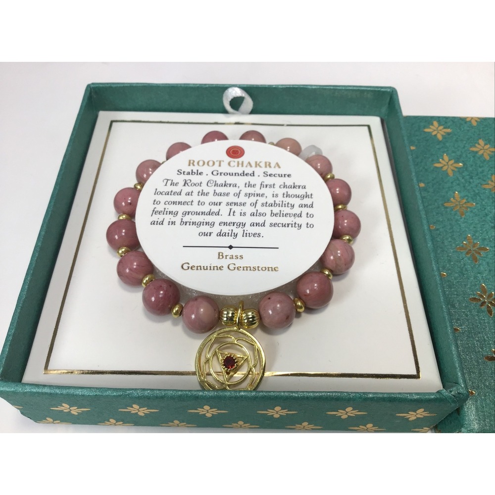 SHIVAM GENUINE RHODOLITE GEMSTONES STRETCH BRACELET BRASS ROOT CHAKRA HEALING